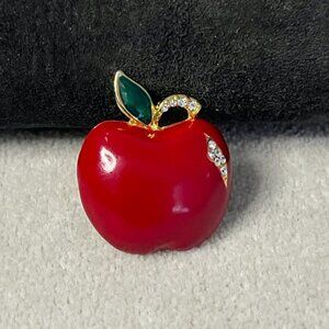 Vintage Red Apple Gold Tone Enamel Rhinestone Brooch